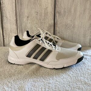 Adidas White Leather & Mesh 3 Stripe Spikeless Golf Shoes. Mens Sz 12